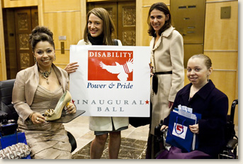 Kelly Rouba (far right), of EAD, at the Disability Power and Pride Inaugural Ball in Washington, DC.  Ms. Rouba was a member of the Ball's Event Media Committee along with Juliette Rizzo (far left), Director of Exhibits & Event Planning for the Dept. of Education, and Kendra Kojcsich, of Porter Novelli. Pictured second from the right is Jordan Silver, founder of Ag Apparel, an accessible clothing line.